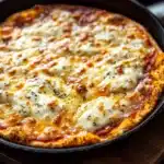 Keto pizza crust in cast iron pan - the image shows a freshly baked pizza in a black cast iron skillet on a wooden cutting board. the pizza has a golden brown crust and is topped with melted cheese and herbs. the cheese appears to be melted and bubbly, and there are small bits of red sauce scattered throughout the pizza. the background is blurred, but it seems to be a kitchen countertop with a white cloth napkin on the side.