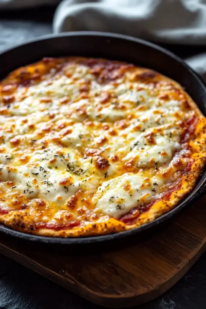 Keto pizza crust in cast iron pan - the image shows a freshly baked pizza in a black cast iron skillet on a wooden cutting board. the pizza has a golden brown crust and is topped with melted cheese and herbs. the cheese appears to be melted and bubbly, and there are small bits of red sauce scattered throughout the pizza. the background is blurred, but it seems to be a kitchen countertop with a white cloth napkin on the side.