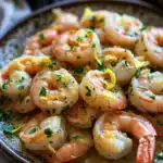 Lemon butter shrimp skillet - the image shows a plate of cooked shrimp on a wooden table. the shrimp are pink and appear to be seasoned with herbs and spices. they are arranged in a circular pattern on the plate, with some overlapping each other. the plate is brown and has a textured surface. in the background, there are two lemons and a sprig of parsley. the overall color scheme of the image is warm and inviting.