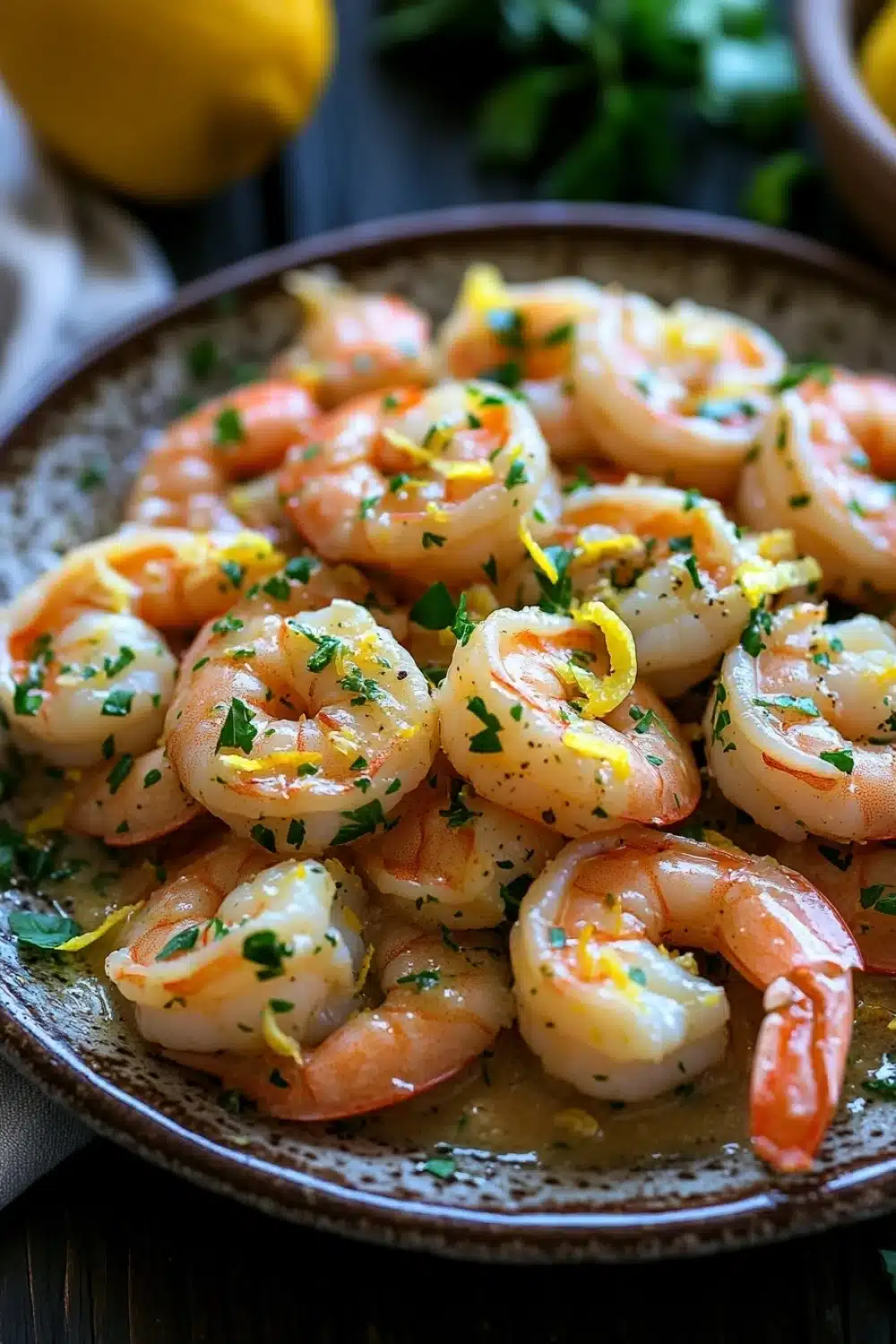 Lemon butter shrimp skillet - the image shows a plate of cooked shrimp on a wooden table. the shrimp are pink and appear to be seasoned with herbs and spices. they are arranged in a circular pattern on the plate, with some overlapping each other. the plate is brown and has a textured surface. in the background, there are two lemons and a sprig of parsley. the overall color scheme of the image is warm and inviting.