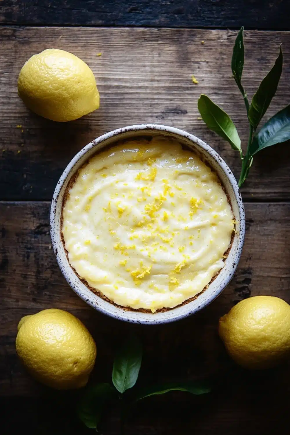 Lemon cake lemon pudding - the image is a top view of a lemon tart in a white ceramic bowl on a wooden table. the tart has a golden brown crust and is topped with a creamy yellow filling. there are three whole lemons on the table next to the tart, and a few green leaves scattered around the bowl. the background is dark, making the tart stand out. the overall mood of the image is fresh and appetizing.