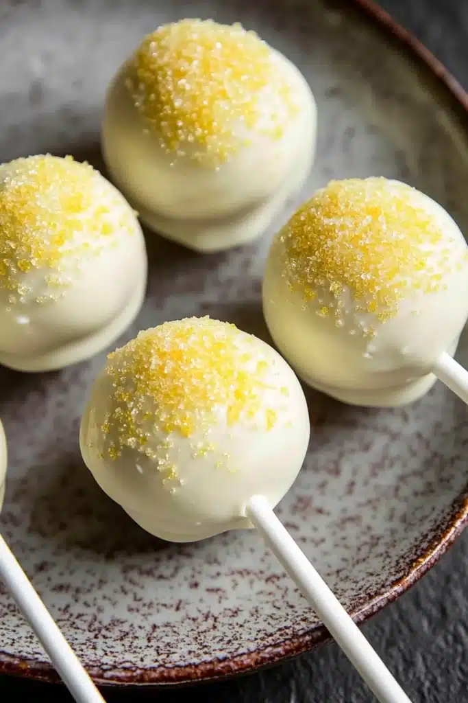 Lemon cake pop design - the image shows a plate with six cake pops on it. the cake pops are round and have a white base with yellow sprinkles on top. they are arranged in a circular pattern on the plate. the plate is brown and has a textured surface. the background is blurred, but it appears to be a kitchen countertop.