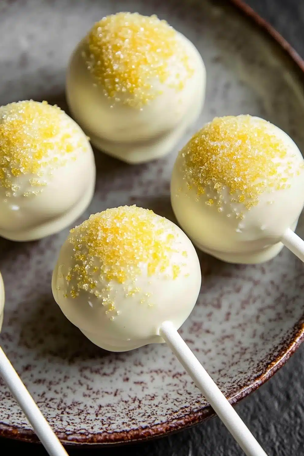 Lemon cake pop design - the image shows a plate with six cake pops on it. the cake pops are round and have a white base with yellow sprinkles on top. they are arranged in a circular pattern on the plate. the plate is brown and has a textured surface. the background is blurred, but it appears to be a kitchen countertop.