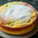 Lemon cake with japanese ingredients - the image is a close-up of a round cake on a wooden plate. the cake appears to be freshly baked and has a golden-brown crust on top. the top of the cake is covered in a generous layer of powdered sugar, giving it a shiny appearance. the plate is placed on a dark, textured surface, possibly a table or countertop. the background is blurred, making the cake the focal point of the image.