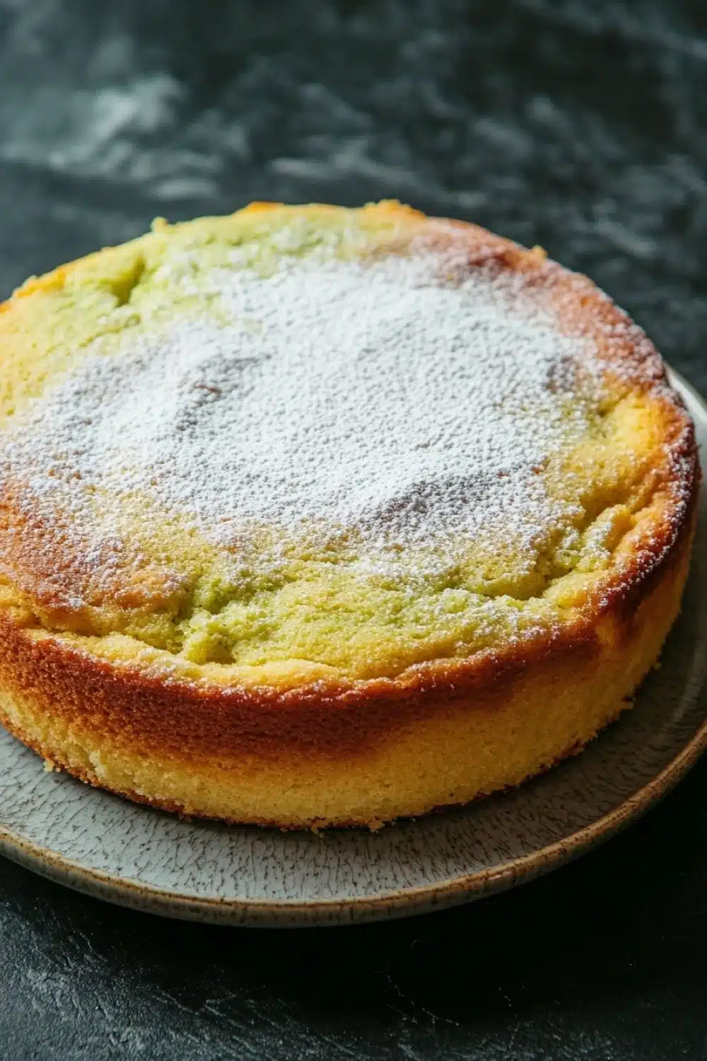 Lemon cake with japanese ingredients - the image is a close-up of a round cake on a wooden plate. the cake appears to be freshly baked and has a golden-brown crust on top. the top of the cake is covered in a generous layer of powdered sugar, giving it a shiny appearance. the plate is placed on a dark, textured surface, possibly a table or countertop. the background is blurred, making the cake the focal point of the image.