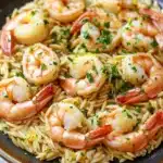 Lemon garlic shrimp orzo skillet - the image shows a plate of pasta dish with shrimp and lemon zest. the dish is served in a black bowl with a white marble countertop. the pasta appears to be fusilli, which is a type of spiral-shaped pasta, and is garnished with chopped parsley. the shrimp are cooked medium-sized and pink in color, and they are arranged in a circular pattern on top of the pasta. the parsley is a bright green color and is scattered throughout the dish. the overall appearance of the dish is fresh and appetizing.