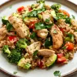 Low calorie chicken and rice dinner - the image is a close-up of a plate of food. the plate is round and has a light brown color. the food appears to be a stir-fry dish with brown rice, chunks of chicken, broccoli, red bell peppers, and zucchini. the chicken is cooked to a golden brown color and is garnished with fresh cilantro. the vegetables are mixed in with the rice and the chicken, creating a colorful and appetizing appearance. the dish is served on a white marble countertop.