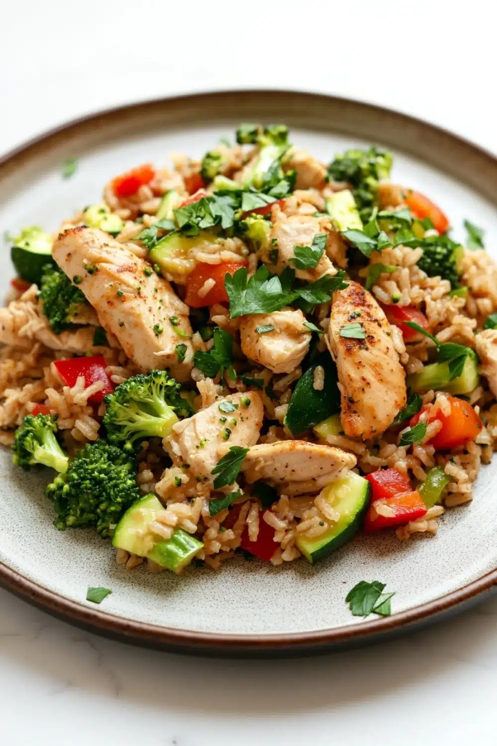 Low calorie chicken and rice dinner - the image is a close-up of a plate of food. the plate is round and has a light brown color. the food appears to be a stir-fry dish with brown rice, chunks of chicken, broccoli, red bell peppers, and zucchini. the chicken is cooked to a golden brown color and is garnished with fresh cilantro. the vegetables are mixed in with the rice and the chicken, creating a colorful and appetizing appearance. the dish is served on a white marble countertop.