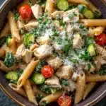 Low calorie chicken pasta - the image is a close-up of a bowl of pasta dish. the pasta appears to be penne or penne, and it is cooked al dente. the dish is garnished with sliced zucchini, cherry tomatoes, and chopped parsley. there is also a sprinkle of parmesan cheese on top of the pasta. the bowl is made of ceramic and is sitting on a dark grey surface. the overall color scheme of the dish is warm and inviting.