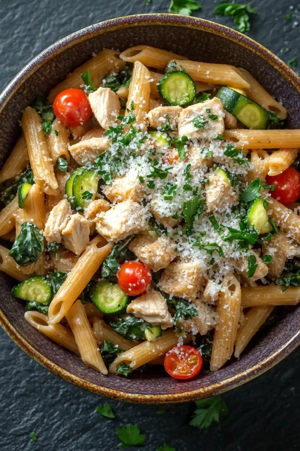 Low calorie chicken pasta - the image is a close-up of a bowl of pasta dish. the pasta appears to be penne or penne, and it is cooked al dente. the dish is garnished with sliced zucchini, cherry tomatoes, and chopped parsley. there is also a sprinkle of parmesan cheese on top of the pasta. the bowl is made of ceramic and is sitting on a dark grey surface. the overall color scheme of the dish is warm and inviting.