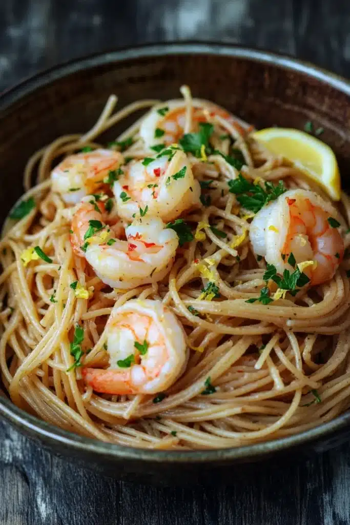 Low calorie shrimp scampi pasta - the image is a close-up of a bowl of spaghetti with shrimp and lemon wedges. the spaghetti is cooked al dente and is garnished with fresh parsley. the shrimp are large and pink, and they are arranged in a circular pattern on top of the spaghetti. the dish is served in a dark brown bowl with a wooden rim. the background is blurred, but it appears to be a rustic wooden table.