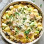 Low carb cheesy tuna casserole - the image shows a white ceramic casserole dish filled with a dish of food. the dish appears to be a shepherd's pie, with a golden-brown crust on top. the top of the dish is covered in a layer of melted cheese, which is golden brown and bubbly. there are also chunks of chicken, mushrooms, and green onions scattered throughout the dish. a sprig of parsley is placed on the side of the bowl, and a white cloth napkin is resting on a wooden table. the overall color scheme of the image is warm and inviting.