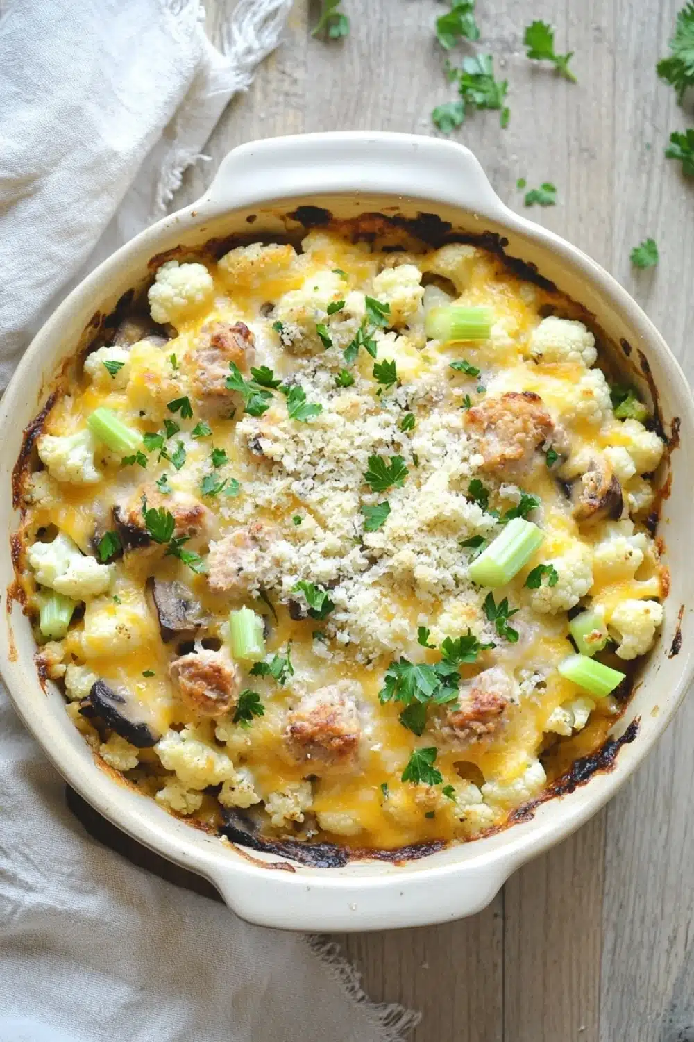 Low carb cheesy tuna casserole - the image shows a white ceramic casserole dish filled with a dish of food. the dish appears to be a shepherd's pie, with a golden-brown crust on top. the top of the dish is covered in a layer of melted cheese, which is golden brown and bubbly. there are also chunks of chicken, mushrooms, and green onions scattered throughout the dish. a sprig of parsley is placed on the side of the bowl, and a white cloth napkin is resting on a wooden table. the overall color scheme of the image is warm and inviting.