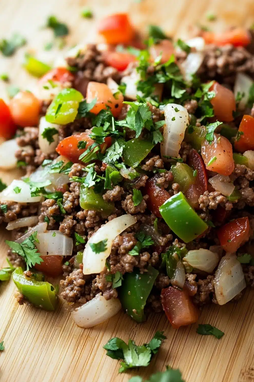 Low carb ground beef for dinner - the image shows a close-up of a dish on a wooden cutting board. the dish appears to be a mixture of ground beef, diced tomatoes, green bell peppers, onions, and cilantro. the ground beef is dark brown and looks to be seasoned with herbs and spices. the tomatoes are bright red and the onions are white. the cilantro is scattered throughout the dish, adding a pop of green color to the dish. the cutting board is a light-colored wood, and the background is blurred, making the dish the focal point of the image.