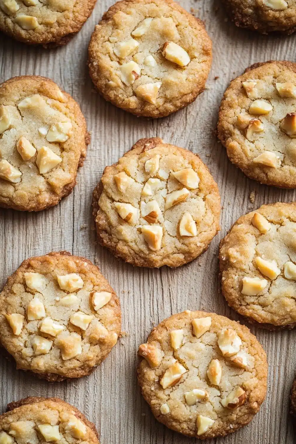 Macadamia nut shortbread cookie - the image shows a group of freshly baked cookies on a wooden surface. the cookies are round and golden brown in color, with a crumbly texture. they are arranged in a scattered manner, with some overlapping each other. some of the cookies have a bite taken out of one of them, revealing the white chocolate chips inside. the background is blurred, but it appears to be a rustic wooden table.