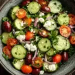 Mediterranean salad cucumber - the image is a close-up of a salad in a gray bowl. the salad is made up of sliced cucumbers, cherry tomatoes, red onions, and feta cheese. the cucumbers are arranged in a circular pattern, with some overlapping each other. the tomatoes are bright red and appear to be ripe, while the onions are sliced into thin strips. the feta is crumbled and is scattered throughout the salad. there are also some green herbs, possibly parsley, adding a pop of color to the dish. the bowl is sitting on a dark wooden table.