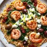 Mediterranean shrimp orzo skillet - the image is a close-up of a plate of pasta dish. the pasta appears to be fusilli, which is a type of spiral pasta, and is mixed with shrimp, spinach, and olives. the shrimp are cooked medium-sized and have a golden-brown color. the spinach is a vibrant green color, and the olives are a deep red. the dish is garnished with crumbled feta cheese and sun-dried tomatoes. the plate is made of light-colored ceramic and is sitting on a white marble countertop.