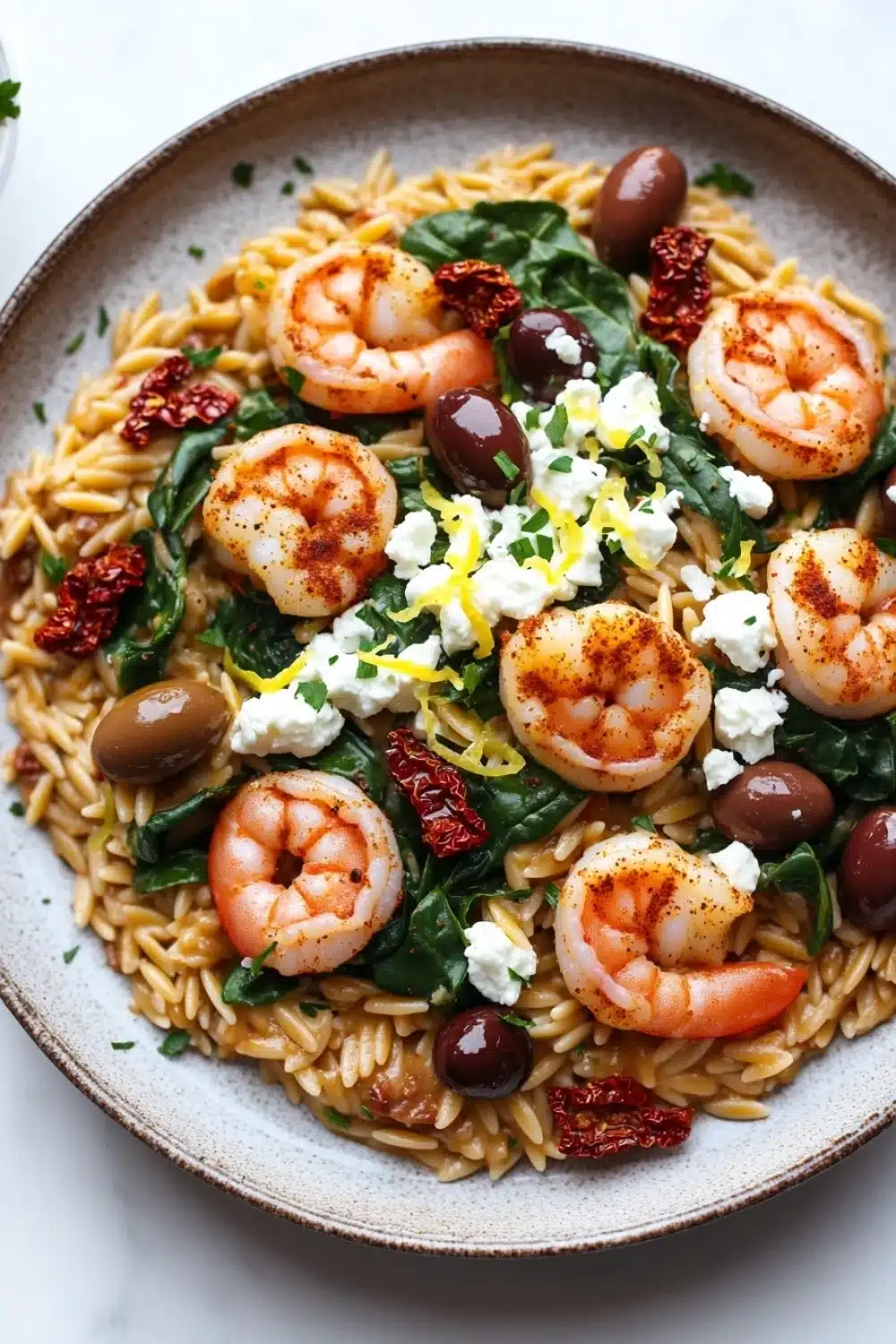 Mediterranean shrimp orzo skillet - the image is a close-up of a plate of pasta dish. the pasta appears to be fusilli, which is a type of spiral pasta, and is mixed with shrimp, spinach, and olives. the shrimp are cooked medium-sized and have a golden-brown color. the spinach is a vibrant green color, and the olives are a deep red. the dish is garnished with crumbled feta cheese and sun-dried tomatoes. the plate is made of light-colored ceramic and is sitting on a white marble countertop.