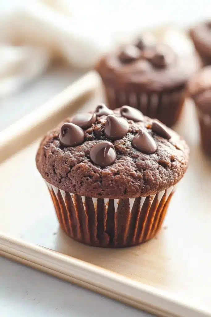 Muffin cacao e yogurt - the image shows a close-up of a freshly baked chocolate muffin on a white baking tray. the muffin is golden brown in color and has a crumbly texture. it is topped with chocolate chips, giving it a shiny appearance. in the background, there are more muffins and a white cloth napkin. the tray is lined with parchment paper, and the background is blurred, making the muffins the focal point of the image.