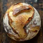 No knead bread new york times - the image is a close-up of a freshly baked loaf of bread on a wooden surface. the bread appears to be freshly baked, with a golden-brown crust and a soft, fluffy interior. the edges of the bread are slightly curled, indicating that it has been freshly baked. the loaf is resting on a dark, weathered wooden surface, with visible grain and knots. the overall mood of the image is rustic and cozy.