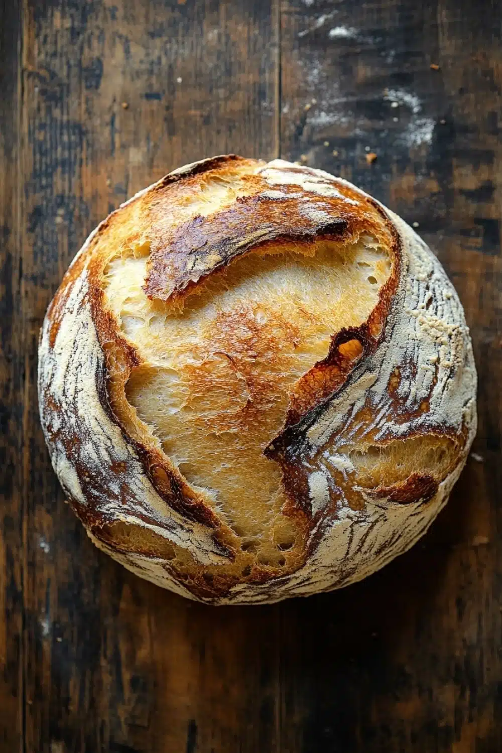 No knead bread new york times - the image is a close-up of a freshly baked loaf of bread on a wooden surface. the bread appears to be freshly baked, with a golden-brown crust and a soft, fluffy interior. the edges of the bread are slightly curled, indicating that it has been freshly baked. the loaf is resting on a dark, weathered wooden surface, with visible grain and knots. the overall mood of the image is rustic and cozy.