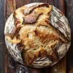 No knead bread with yogurt - the image is a close-up of a freshly baked loaf of bread on a wooden cutting board. the bread appears to be freshly baked, with a golden brown crust and a soft, fluffy interior. the edges of the bread are slightly frayed, indicating that it has been freshly baked. the cutting board is made of dark wood and has a rustic, weathered look. the background is blurred, making the bread the focal point of the image.