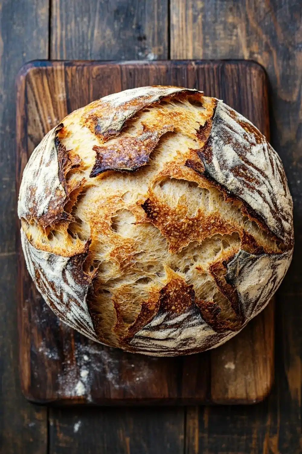 No knead bread with yogurt - the image is a close-up of a freshly baked loaf of bread on a wooden cutting board. the bread appears to be freshly baked, with a golden brown crust and a soft, fluffy interior. the edges of the bread are slightly frayed, indicating that it has been freshly baked. the cutting board is made of dark wood and has a rustic, weathered look. the background is blurred, making the bread the focal point of the image.