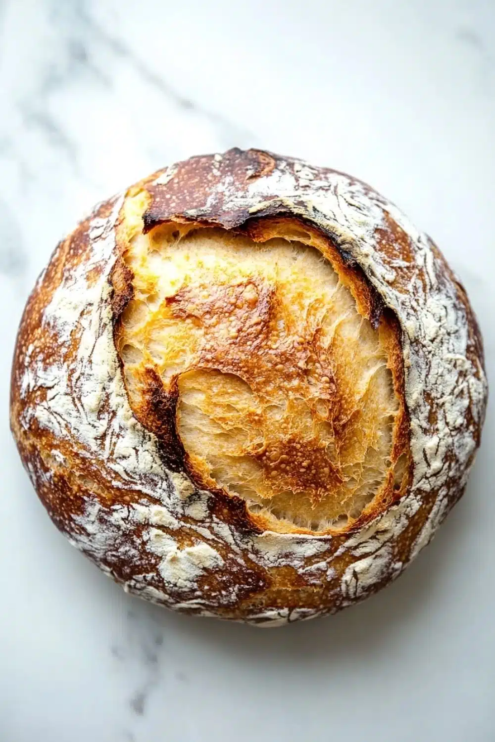 No knead dutch oven bread - the image is a close-up of a round loaf of bread on a white marble surface. the bread appears to be freshly baked and has a golden brown crust on top. the inside of the bread is visible, with a layer of melted cheese oozing out of it. the cheese is a light yellow color and looks soft and fluffy. the crust is slightly crinkled, giving the bread a textured appearance. the overall color of the image is warm and inviting, with shades of brown, white, and gray.