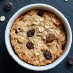 Oatmeal cookie in a mug - the image is a close-up of a round, golden-brown cookie in a white ceramic bowl. the cookie appears to be freshly baked and has a crumbly texture. it is topped with sliced raisins and walnuts, giving it a crunchy appearance. the bowl is placed on a black textured surface, and there are scattered walnuts around it. the overall mood of the image is warm and inviting.