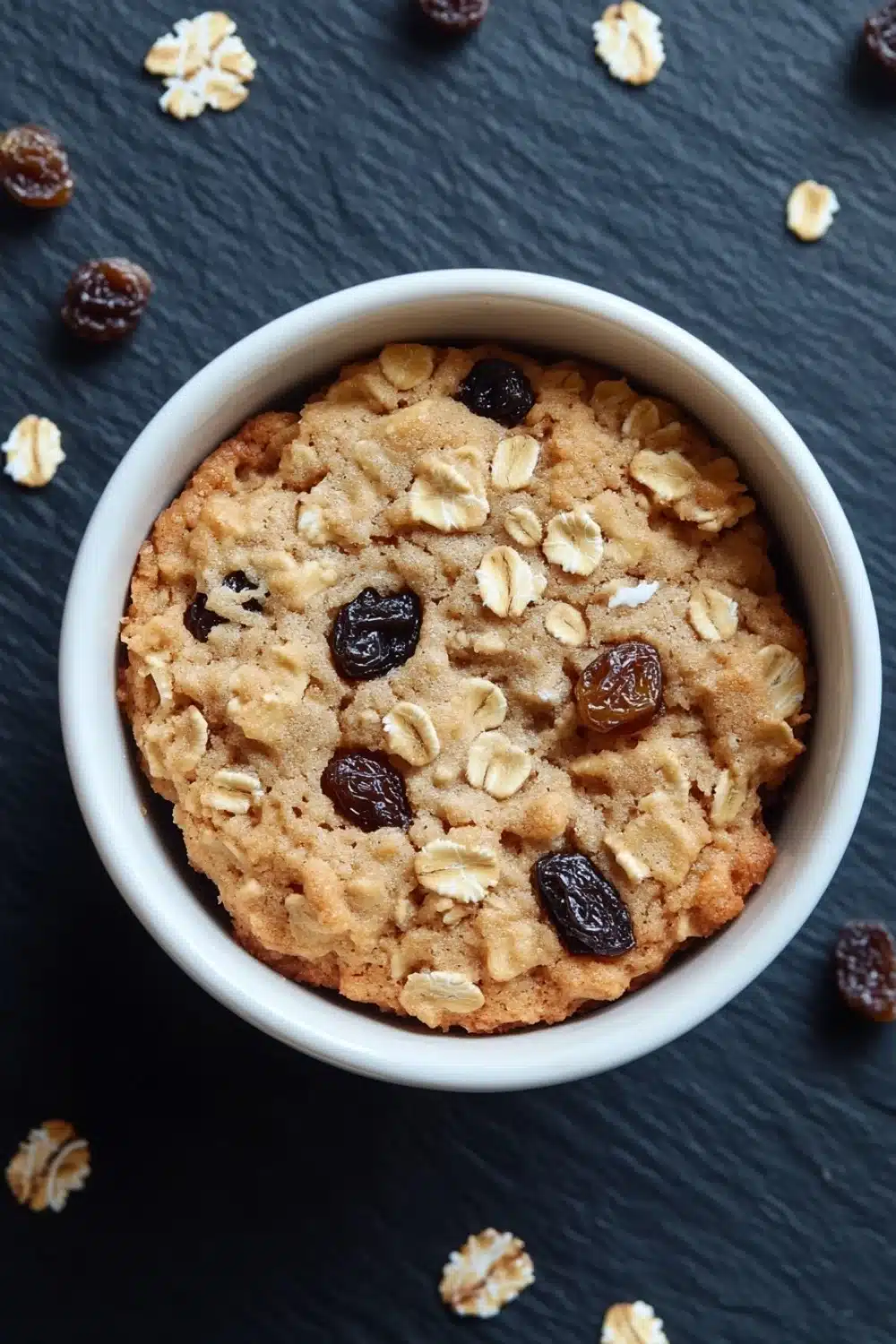 Oatmeal cookie in a mug - the image is a close-up of a round, golden-brown cookie in a white ceramic bowl. the cookie appears to be freshly baked and has a crumbly texture. it is topped with sliced raisins and walnuts, giving it a crunchy appearance. the bowl is placed on a black textured surface, and there are scattered walnuts around it. the overall mood of the image is warm and inviting.