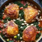 One pot braised chicken with kale and white beans - the image shows a large black pot filled with a dish of food. the dish appears to be a stew or stew with chunks of chicken, white beans, and kale. the chicken is cooked to a golden brown color and has a crispy texture. the kale is a vibrant green color and is scattered throughout the dish. the white beans are white and appear to be cooked until they are soft and fluffy. there are also small chunks of red and yellow bell peppers and onions mixed in with the dish, adding a pop of color. the pot is sitting on a wooden table with a gray cloth napkin and a sprig of parsley on the side.
