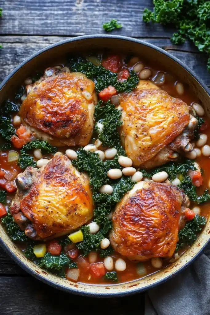 One pot braised chicken with kale and white beans - the image shows a large black pot filled with a dish of food. the dish appears to be a stew or stew with chunks of chicken, white beans, and kale. the chicken is cooked to a golden brown color and has a crispy texture. the kale is a vibrant green color and is scattered throughout the dish. the white beans are white and appear to be cooked until they are soft and fluffy. there are also small chunks of red and yellow bell peppers and onions mixed in with the dish, adding a pop of color. the pot is sitting on a wooden table with a gray cloth napkin and a sprig of parsley on the side.