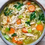One pot chicken orzo soup - the image is a close-up of a bowl of soup. the soup appears to be a creamy yellow color with chunks of chicken and vegetables mixed in. the bowl is made of ceramic and has a brown rim. the broth is thick and creamy, and there are small pieces of green herbs scattered throughout the soup. there are also chunks of orange carrots and celery visible in the broth. the vegetables are bright green and appear to be fresh and healthy. the background is a light beige color, and the bowl is sitting on a white wooden surface.