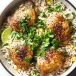 One pot cilantro lime chicken and rice - the image shows a bowl of cooked chicken and rice. the chicken is golden brown and appears to be seasoned with herbs and spices. the rice is white and fluffy, and there are small pieces of corn scattered throughout the dish. a lime wedge is placed on top of the rice, adding a pop of green color to the dish and garnished with fresh cilantro. the bowl is sitting on a white marble countertop.