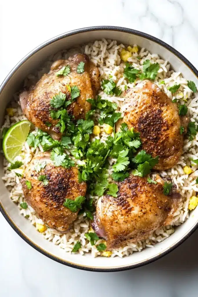 One pot cilantro lime chicken and rice - the image shows a bowl of cooked chicken and rice. the chicken is golden brown and appears to be seasoned with herbs and spices. the rice is white and fluffy, and there are small pieces of corn scattered throughout the dish. a lime wedge is placed on top of the rice, adding a pop of green color to the dish and garnished with fresh cilantro. the bowl is sitting on a white marble countertop.