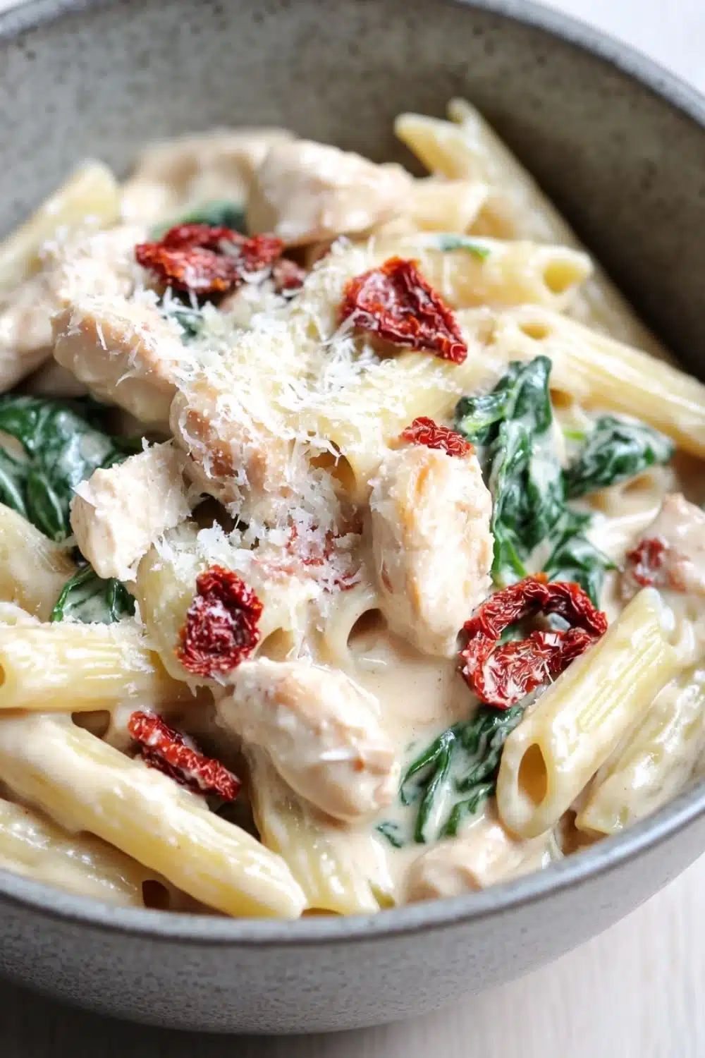 One pot creamy italian - the image is a close-up of a bowl of pasta dish. the pasta appears to be penne, which is a type of penne pasta. it is cooked al dente and is topped with chunks of chicken, spinach, and sun-dried tomatoes. the dish is garnished with grated parmesan cheese. the bowl is made of a light-colored ceramic material and is sitting on a wooden table. the background is blurred, so the focus is on the pasta and the dish.