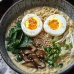 One pot creamy ramen - the image is a close-up of a bowl of ramen soup. the bowl is made of dark grey ceramic and is placed on a wooden table. the soup is a creamy yellow color and appears to be thick and creamy. on top of the soup, there are two hard-boiled eggs with sesame seeds on top. the eggs are cut in half and are placed in the center of the bowl. surrounding the eggs, there is a bed of green leafy vegetables, sliced mushrooms, and sliced green onions. there are also some sesame seed sprinkled on top, adding a crunchy texture to the dish. in the top right corner of the image, there appears to have a small bowl of chopped green onions and a few more eggs. the background is blurred, but it seems to be a kitchen countertop with other dishes and utensils.