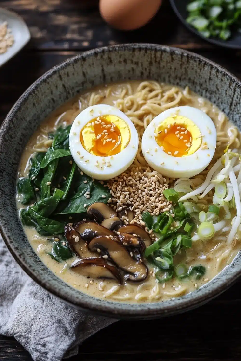 One pot creamy ramen - the image is a close-up of a bowl of ramen soup. the bowl is made of dark grey ceramic and is placed on a wooden table. the soup is a creamy yellow color and appears to be thick and creamy. on top of the soup, there are two hard-boiled eggs with sesame seeds on top. the eggs are cut in half and are placed in the center of the bowl. surrounding the eggs, there is a bed of green leafy vegetables, sliced mushrooms, and sliced green onions. there are also some sesame seed sprinkled on top, adding a crunchy texture to the dish. in the top right corner of the image, there appears to have a small bowl of chopped green onions and a few more eggs. the background is blurred, but it seems to be a kitchen countertop with other dishes and utensils.