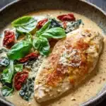 One pot creamy tuscan chicken - the image shows a plate of food, specifically a dish of chicken breasts covered in a creamy sauce. the chicken breasts are golden brown and appear to be seasoned with herbs and spices. the sauce is a light yellow color and is drizzled over the top of the chicken breasts. there are also some fresh basil leaves scattered around the plate, adding a pop of green color to the dish. the plate is sitting on a wooden table with a few sprigs of basil in the background. the overall aesthetic of the image is rustic and appetizing.