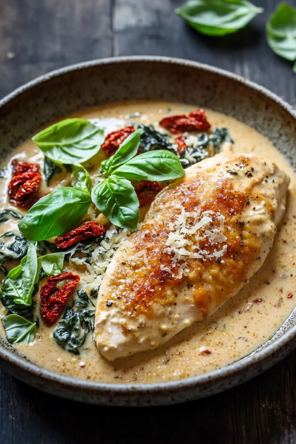 One pot creamy tuscan chicken - the image shows a plate of food, specifically a dish of chicken breasts covered in a creamy sauce. the chicken breasts are golden brown and appear to be seasoned with herbs and spices. the sauce is a light yellow color and is drizzled over the top of the chicken breasts. there are also some fresh basil leaves scattered around the plate, adding a pop of green color to the dish. the plate is sitting on a wooden table with a few sprigs of basil in the background. the overall aesthetic of the image is rustic and appetizing.