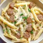 One pot garlic sausage pasta - the image shows a bowl of penne pasta with sausage and parmesan cheese. the pasta is long and thin, and the sausage is cooked to a golden brown color. the dish is garnished with fresh parsley and red chili flakes. the bowl is white and is sitting on a wooden table with a blue and white striped napkin on the side. the background is blurred, but it appears to be a kitchen countertop.