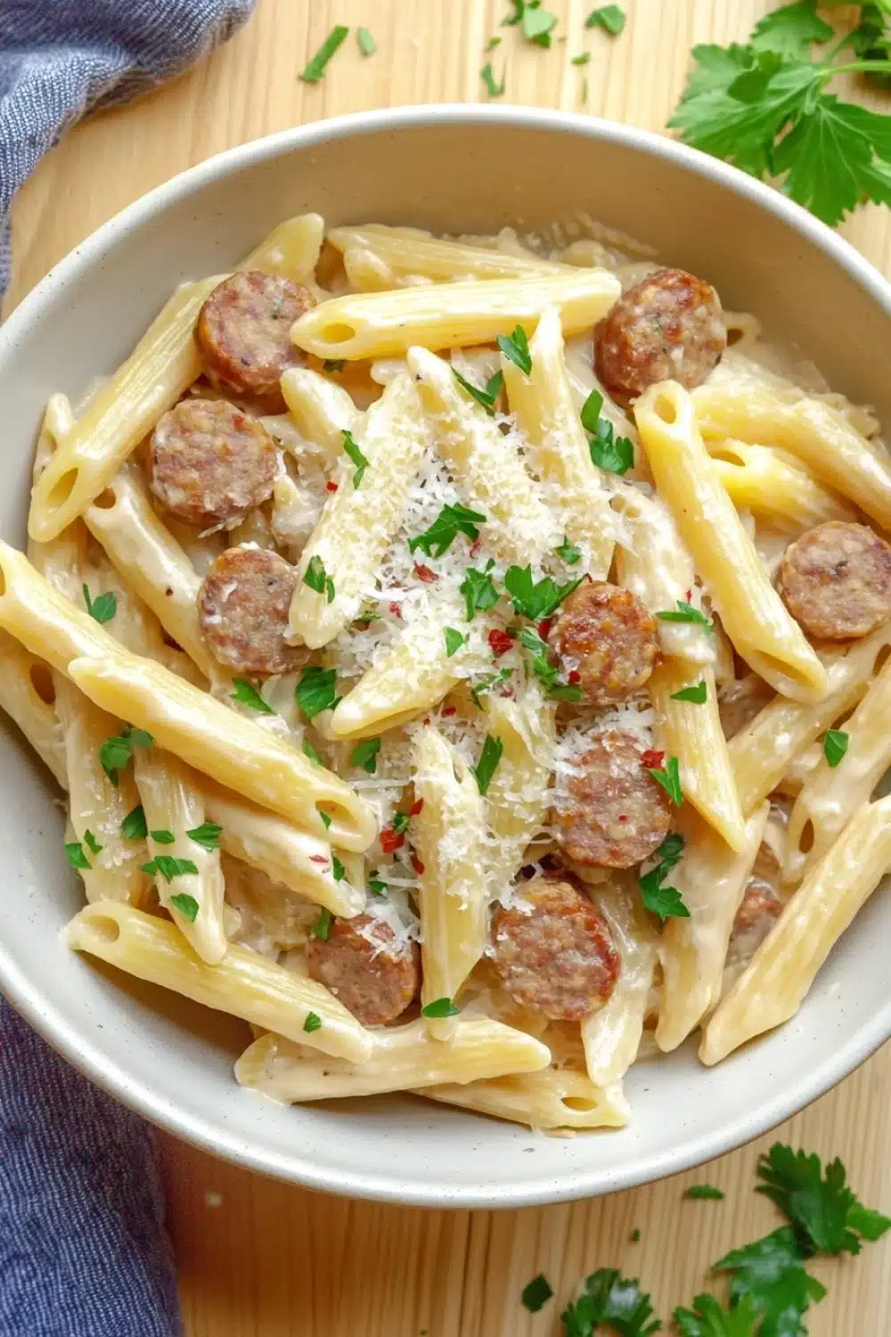 One pot garlic sausage pasta - the image shows a bowl of penne pasta with sausage and parmesan cheese. the pasta is long and thin, and the sausage is cooked to a golden brown color. the dish is garnished with fresh parsley and red chili flakes. the bowl is white and is sitting on a wooden table with a blue and white striped napkin on the side. the background is blurred, but it appears to be a kitchen countertop.