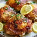 One pot lemon garlic chicken - the image shows a plate of grilled chicken breasts with lemon wedges on the side. the chicken breasts are golden brown and appear to be seasoned with herbs and spices. the plate is made of a light-colored ceramic or porcelain material and is placed on a white marble countertop. there are also a few sprigs of parsley scattered around the plate. the overall presentation of the dish is appetizing and visually appealing.