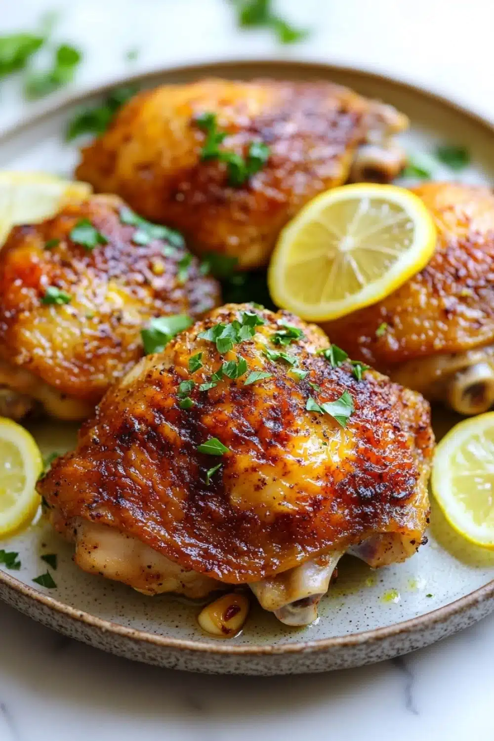 One pot lemon garlic chicken - the image shows a plate of grilled chicken breasts with lemon wedges on the side. the chicken breasts are golden brown and appear to be seasoned with herbs and spices. the plate is made of a light-colored ceramic or porcelain material and is placed on a white marble countertop. there are also a few sprigs of parsley scattered around the plate. the overall presentation of the dish is appetizing and visually appealing.