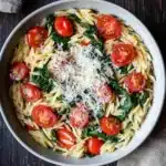 One pot pasta orzo - the image is a top view of a bowl of pasta salad. the bowl is made of white ceramic and is placed on a wooden table. the pasta is fusilli, which is a type of spiral-shaped pasta, and it is mixed with cherry tomatoes, spinach, and grated parmesan cheese. the tomatoes are bright red and appear to be ripe and juicy. the spinach is a vibrant green color and is scattered throughout the dish. there is a sprig of fresh basil on the side of the bowl, adding a pop of color to the image. a beige cloth napkin is visible in the background.
