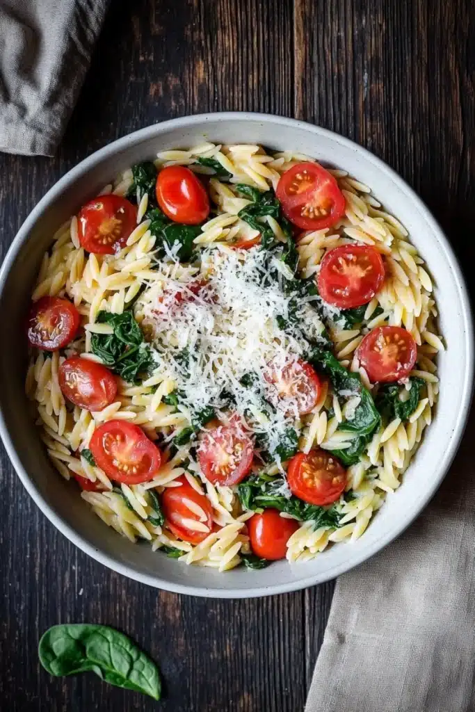 One pot pasta orzo - the image is a top view of a bowl of pasta salad. the bowl is made of white ceramic and is placed on a wooden table. the pasta is fusilli, which is a type of spiral-shaped pasta, and it is mixed with cherry tomatoes, spinach, and grated parmesan cheese. the tomatoes are bright red and appear to be ripe and juicy. the spinach is a vibrant green color and is scattered throughout the dish. there is a sprig of fresh basil on the side of the bowl, adding a pop of color to the image. a beige cloth napkin is visible in the background.