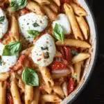 One pot pasta tomate mozzarella ofen - the image is a close-up of a dish in a large metal bowl. the dish appears to be a penne pasta dish with tomato sauce and mozzarella cheese on top. the pasta is cooked al dente and is garnished with fresh basil leaves. the tomato sauce is a deep red color and the cheese is white and fluffy. the bowl is sitting on a dark wooden table.