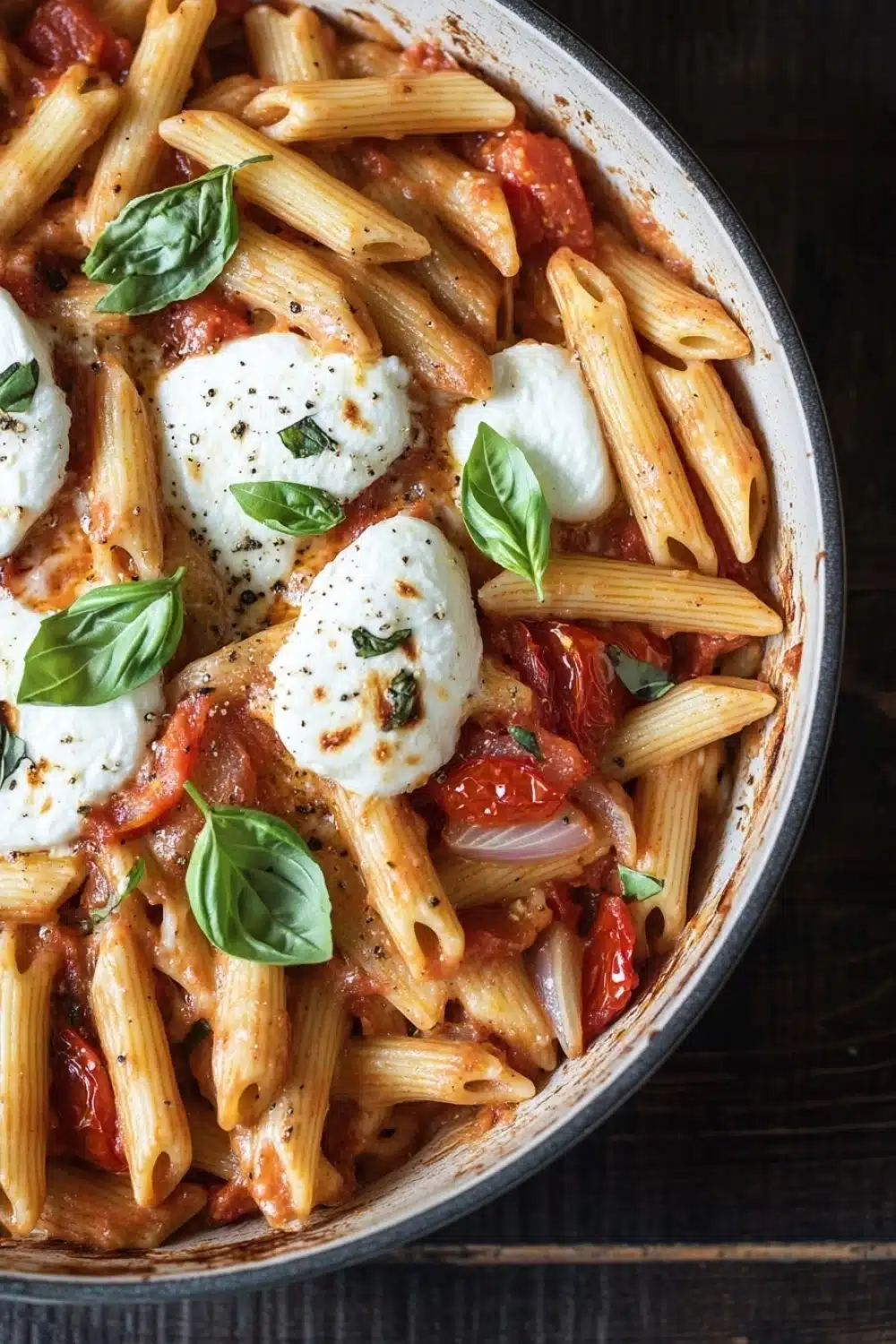One pot pasta tomate mozzarella ofen - the image is a close-up of a dish in a large metal bowl. the dish appears to be a penne pasta dish with tomato sauce and mozzarella cheese on top. the pasta is cooked al dente and is garnished with fresh basil leaves. the tomato sauce is a deep red color and the cheese is white and fluffy. the bowl is sitting on a dark wooden table.