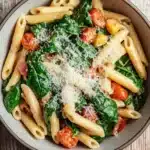 One pot pasta with spinach - the image is a close-up of a bowl of pasta dish. the pasta appears to be penne or penne, and it is cooked al dente. the dish is garnished with fresh spinach leaves, cherry tomatoes, and crumbled parmesan cheese. the bowl is made of ceramic and is sitting on a wooden table. the colors of the dish are vibrant and the texture looks fresh and appetizing.