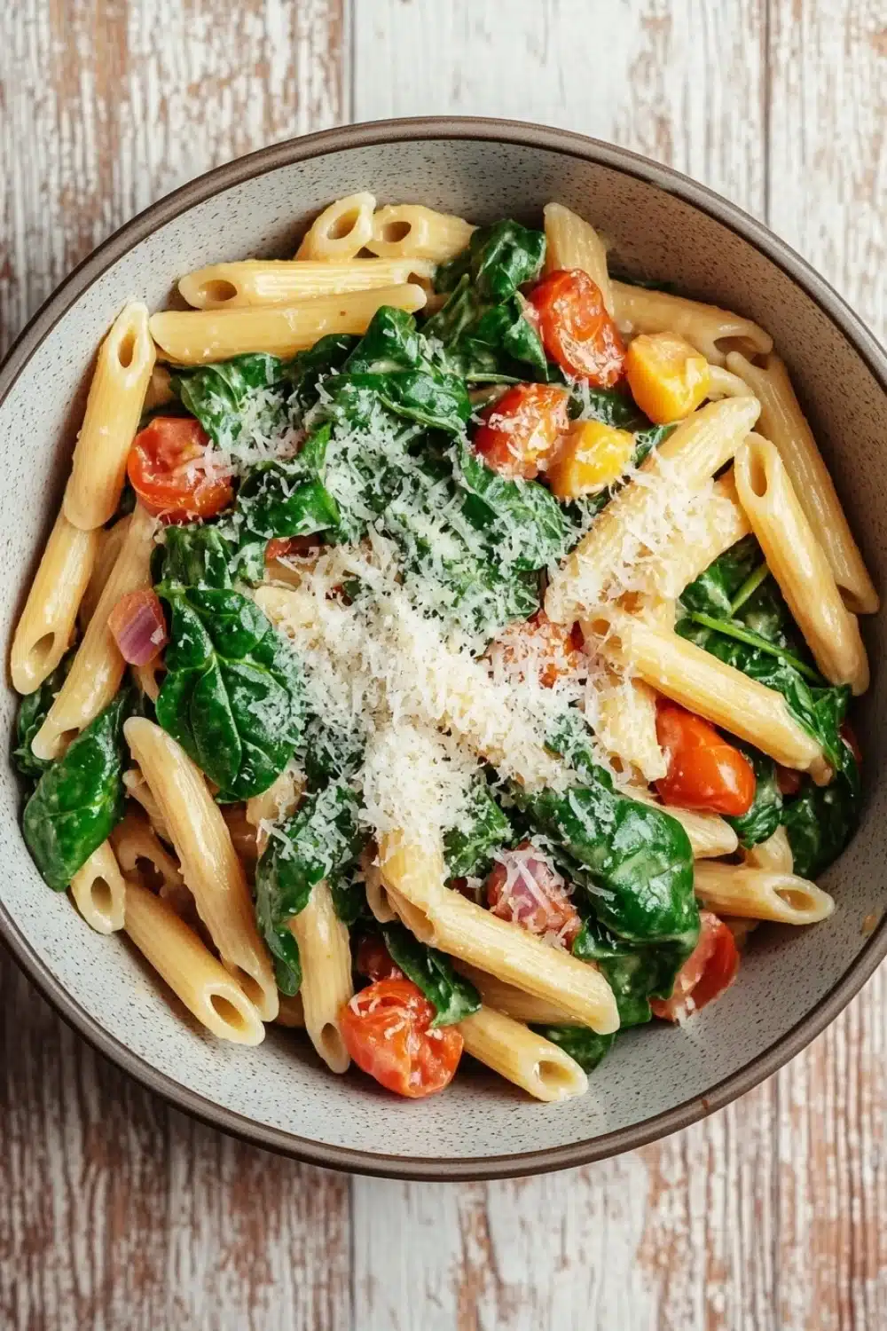 One pot pasta with spinach - the image is a close-up of a bowl of pasta dish. the pasta appears to be penne or penne, and it is cooked al dente. the dish is garnished with fresh spinach leaves, cherry tomatoes, and crumbled parmesan cheese. the bowl is made of ceramic and is sitting on a wooden table. the colors of the dish are vibrant and the texture looks fresh and appetizing.
